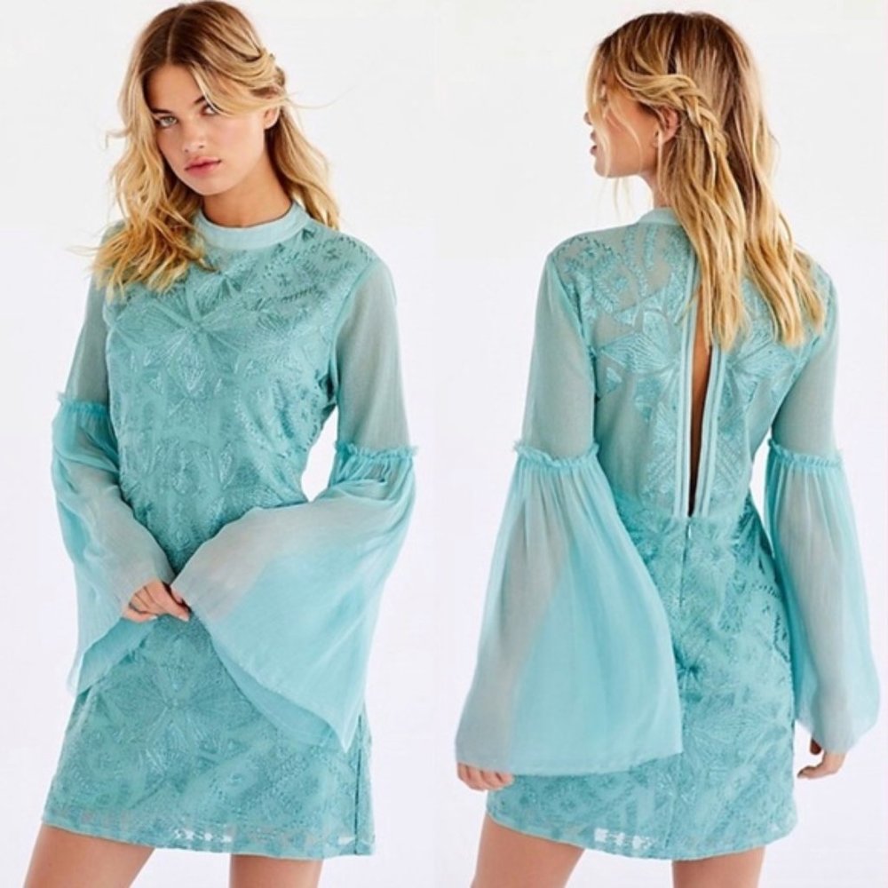 Free People Aqua Blue Lace Mini Dress with Bell Sleeves